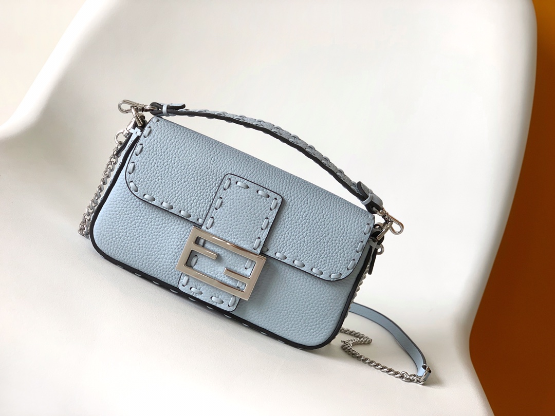 Fendi Mini Baguette Selleria With 309 Hand-sewn Topstitches Shoulder Bag Light Blue